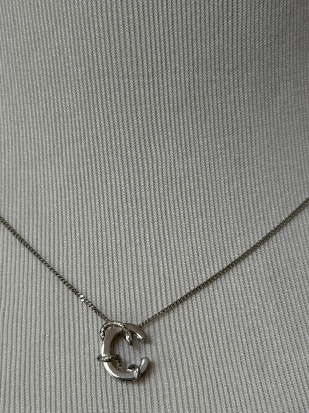 Saint Laurent YSL Sterling Silver C Initial Letter Snake Pendant Chain Necklace